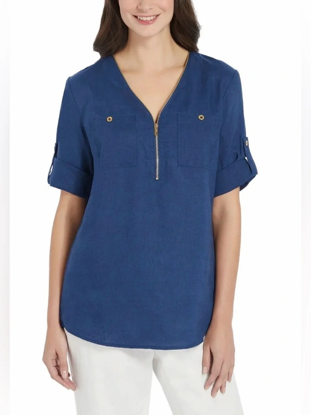 Ellen Tracy Roll Tab Linen Blouse - Picture 1 of 5